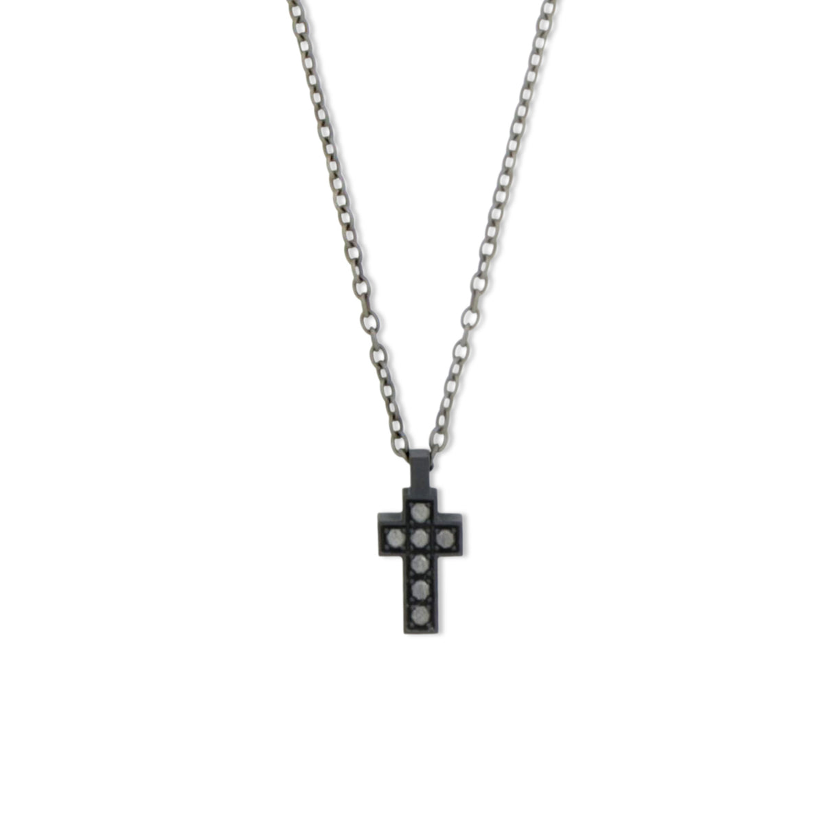 COLLANA IN TITANIO NERO CON CROCE, DIAMANTI BLACK E MOSCHETTONE IN ORO ROSSO 9 KT