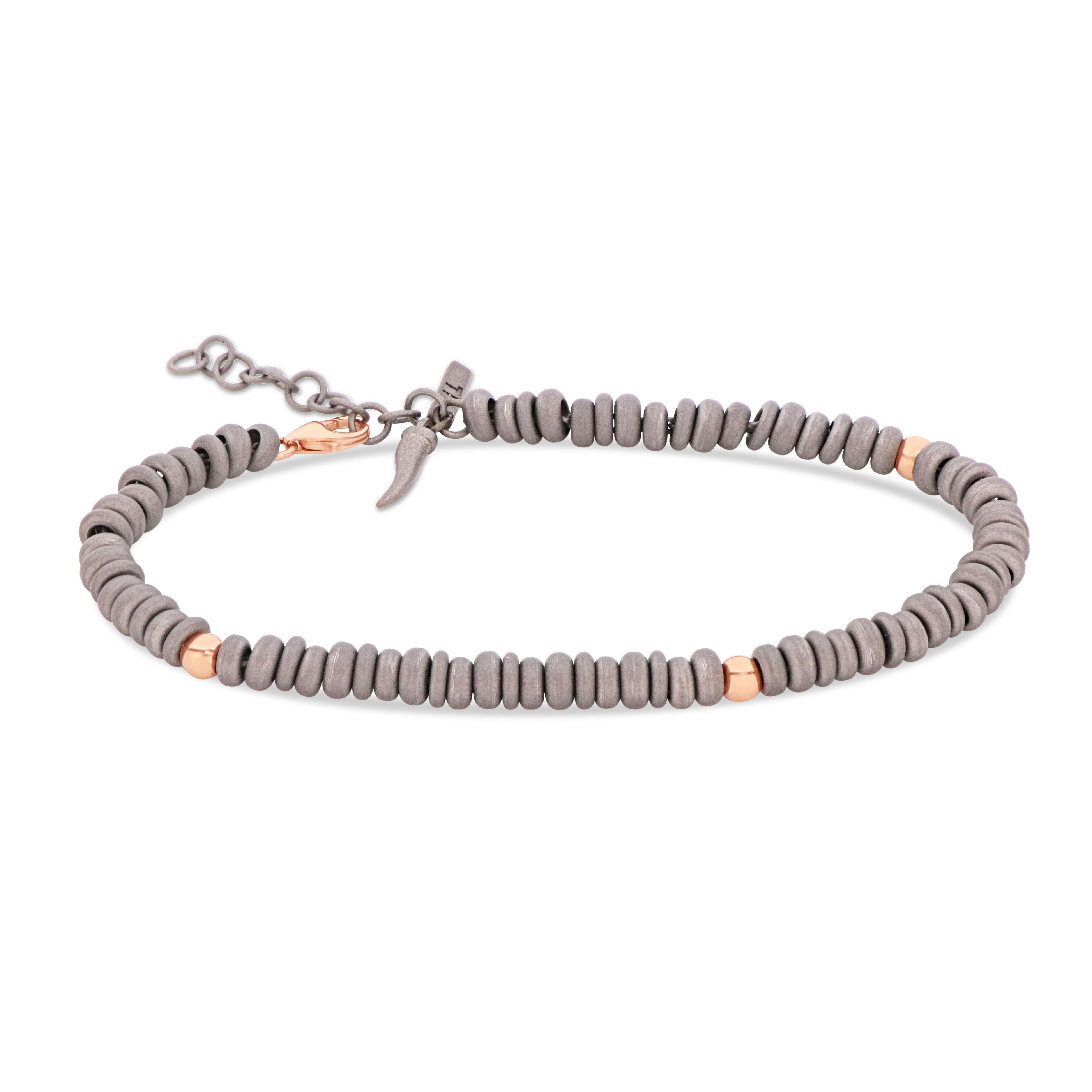 BRACCIALE UOMO CON ANELLINI IN TITANIO E TRE SFERE IN ORO ROSSO 9 KT