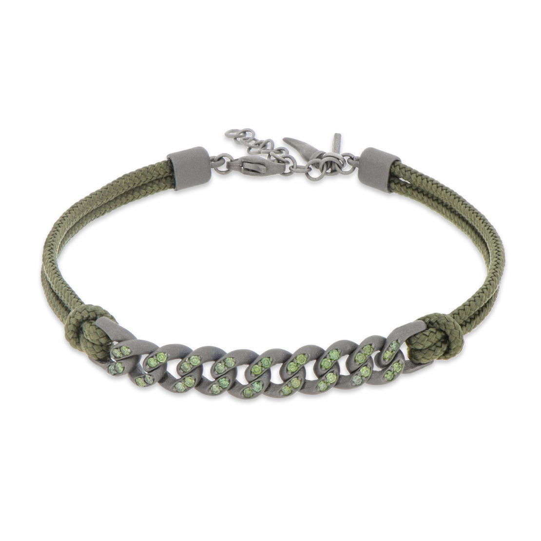 BRACELET GROUMETTE NAUTIQUE EN TITANE AVEC DIAMANTS VERTS ET LACET VERT MILITAIRE