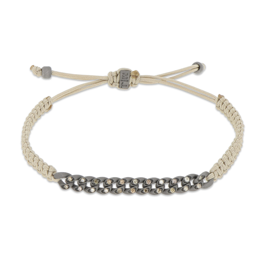 BRACELET GROUMETTE NAUTIQUE MINI EN TITANE AVEC DIAMANTS BRUNS ET LACET SABLE TRESSÉ