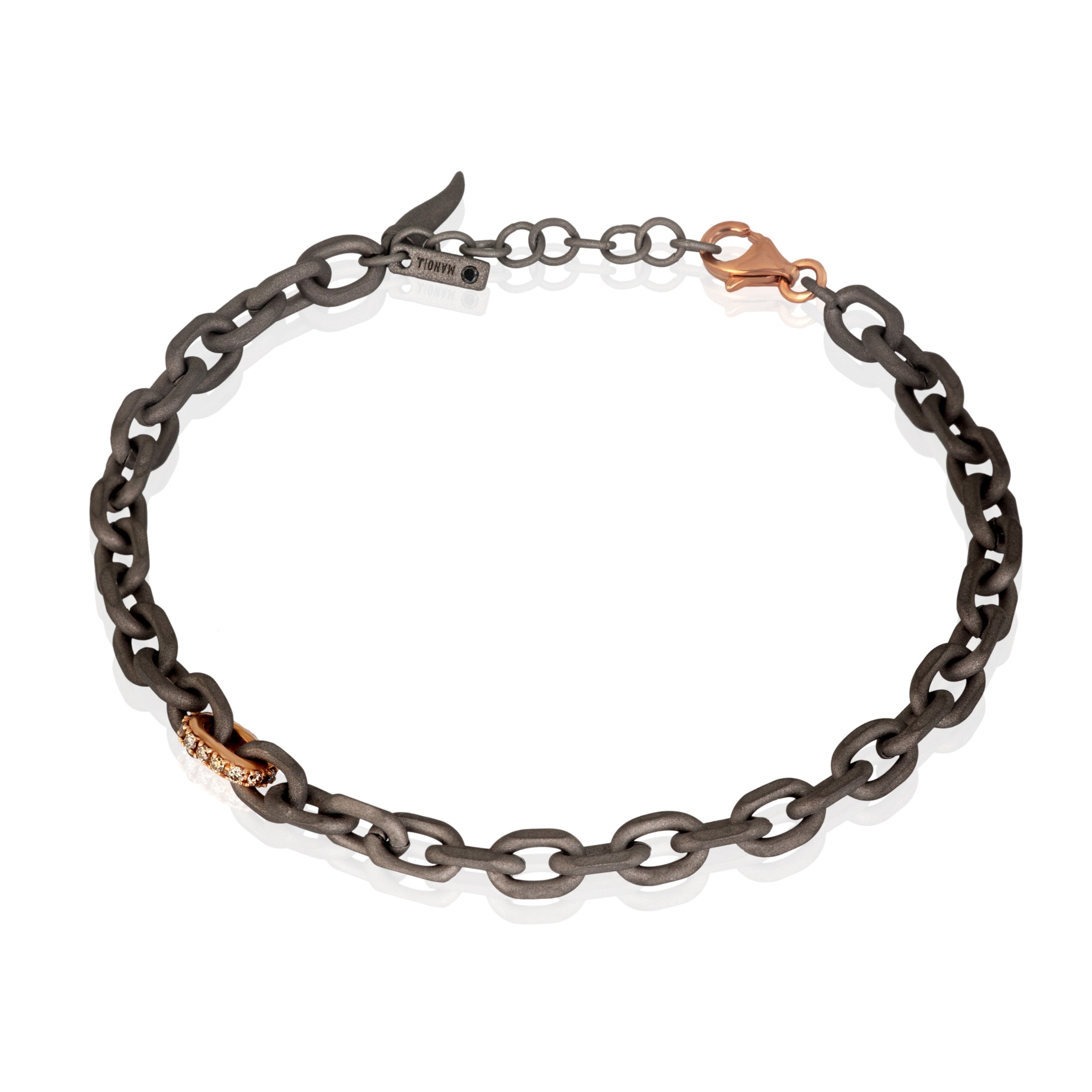 BRACCIALE UOMO CON CATENA IN TITANIO, ORO ROSSO 9 KT E DIAMANTI BROWN