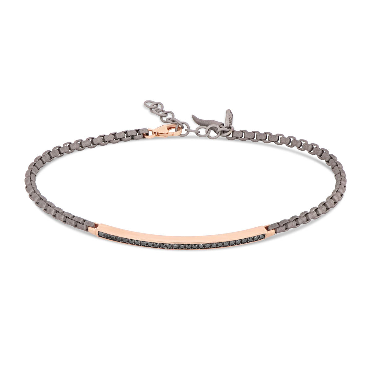 BRACCIALE UOMO CON CATENINA SCOOBY DOO IN TITANIO E TARGHETTA IN ORO ROSSO 9 KT CON DIAMANTI BLACK