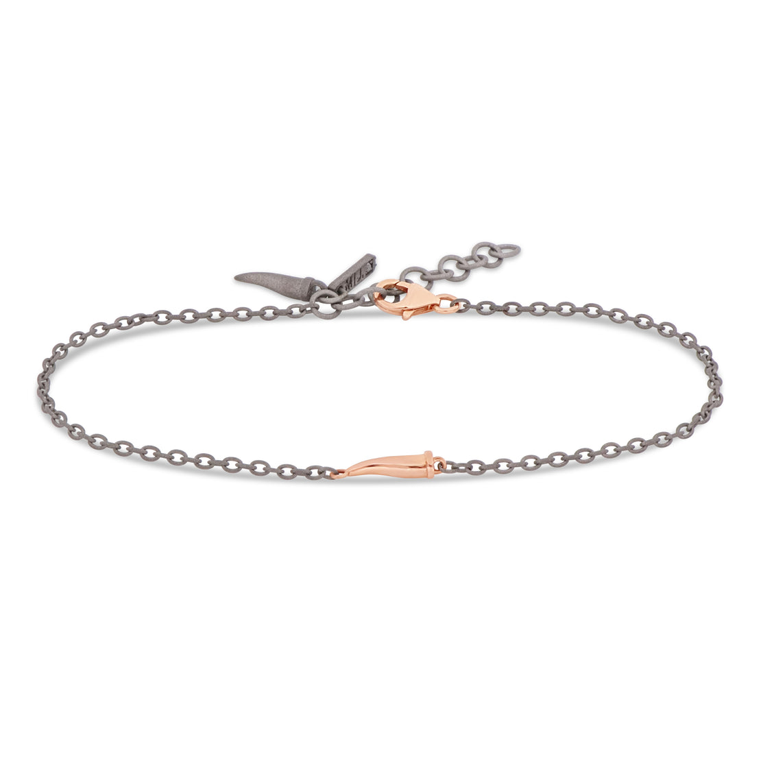 BRACELET HOMME EN TITANE AVEC CORNE PORTE-BONHEUR ET MOUSQUETON EN OR ROUGE 9 KT