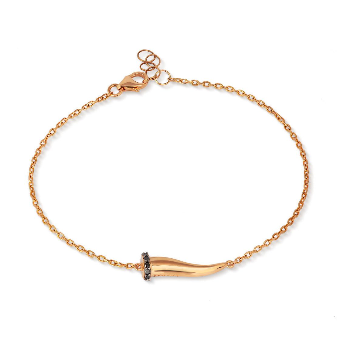 BRACELET CHARMS AVEC CORNE PORTE-BONHEUR EN OR ROUGE 9KT, 7 NOIRS ET CHAÎNE 9 KT