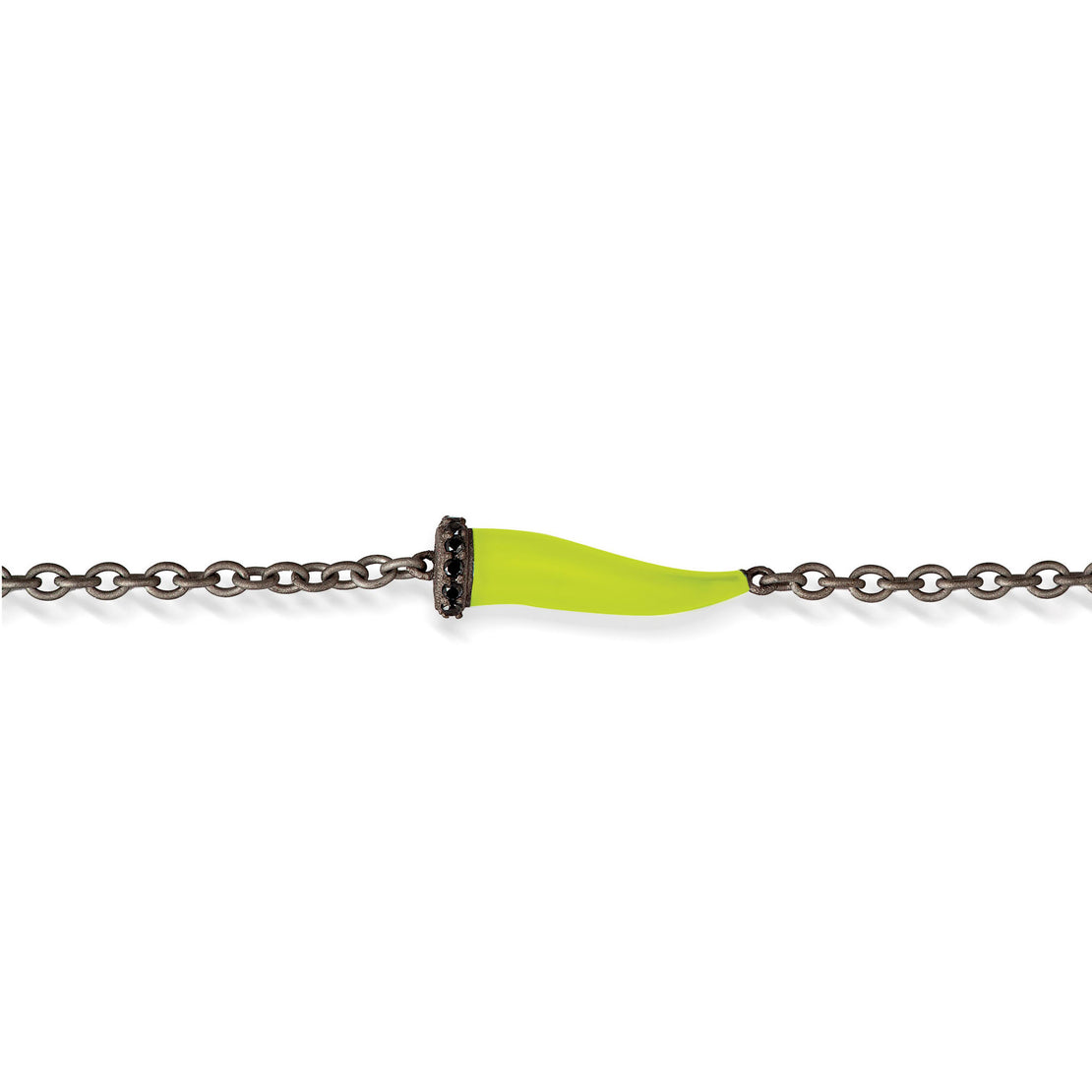 BRACELET CHARMS AVEC CORNE PORTE-BONHEUR ÉMAILLÉ JAUNE FLUO EN TITANE, 5 NOIRS ET CHAÎNE