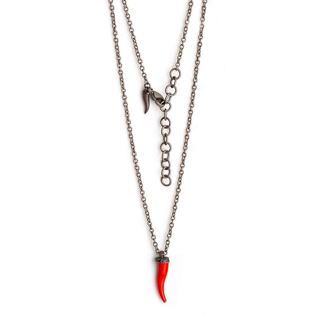 COLLIER LIGNE CHARMS AVEC CORNE PORTE-BONHEUR ROUGE, 5 DIAMANTS NOIRS ET CHAÎNE