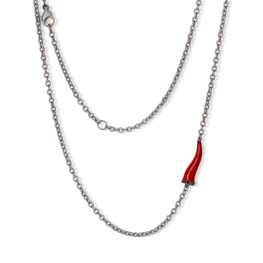 COLLANA LINEA CHARMS CON CORNETTO IN TITANIO SMALTATO ROSSO, 5 DIAMANTI BLACK E CATENA