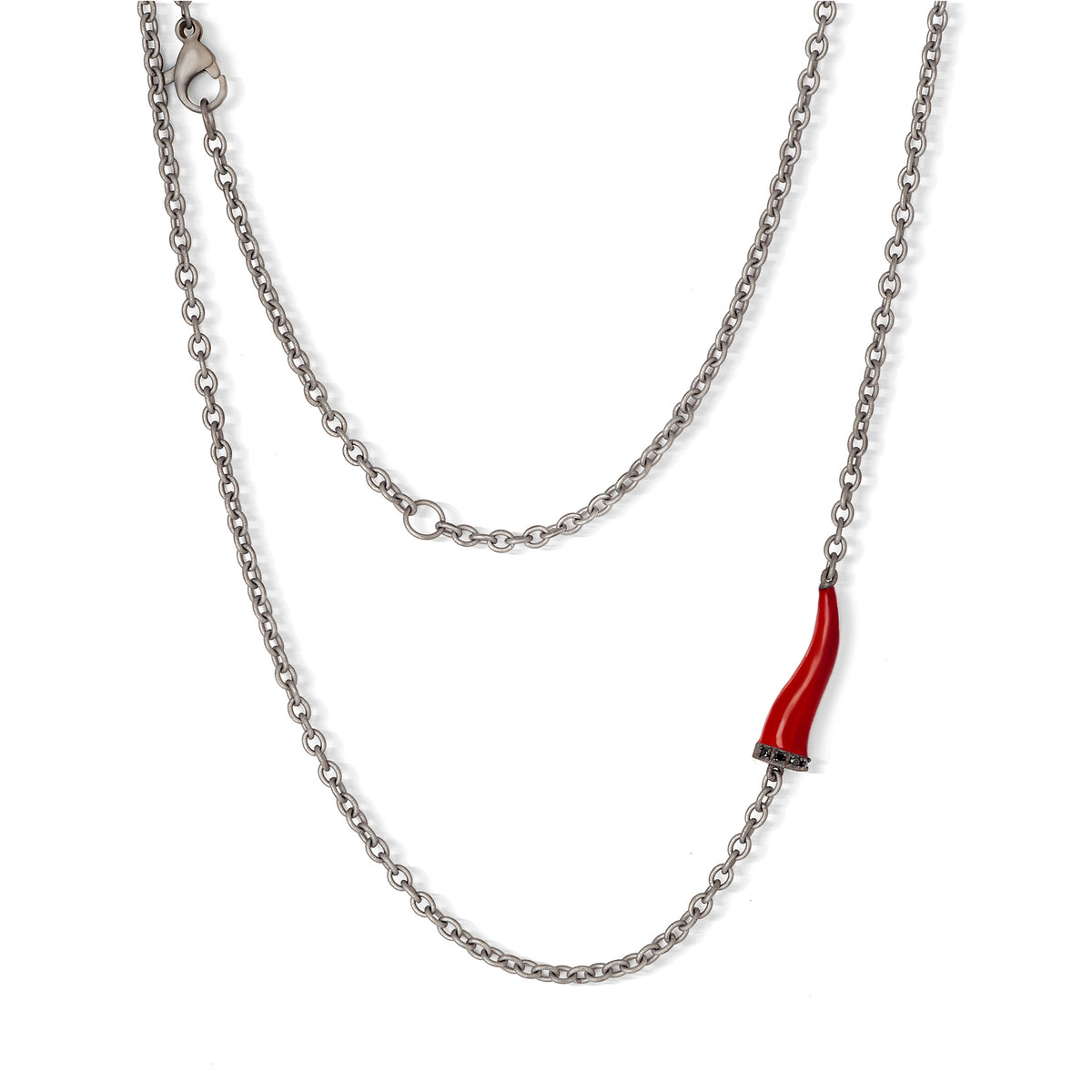 COLLANA LINEA CHARMS CON CORNETTO IN TITANIO SMALTATO ROSSO, 5 DIAMANTI BLACK E CATENA