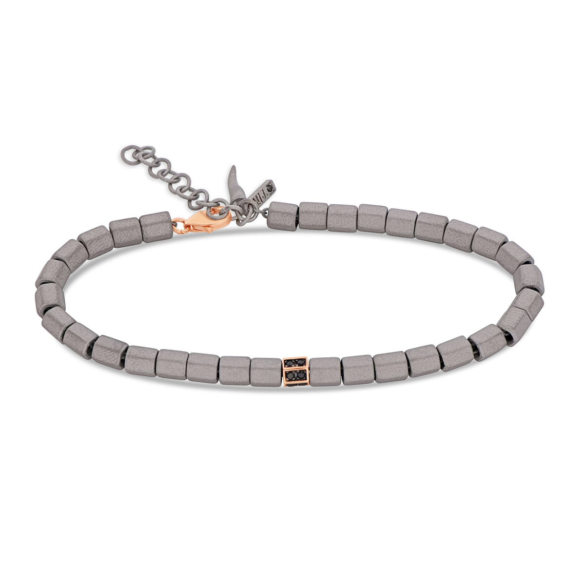 BRACCIALE UOMO CON ESAGONINI IN TITANIO, UNO IN ORO ROSSO 9 KT INCASSATO CON DIAMANTI BLACK