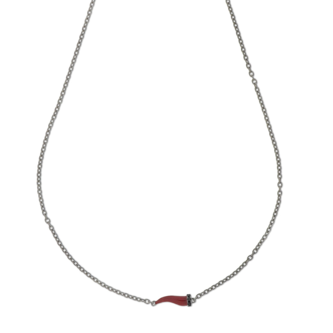 COLLIER AVEC PETITE CORNE PORTE-BONHEUR EN TITANE ÉMAILLÉ BORDEAUX AVEC 3 DIAMANTS NOIRS