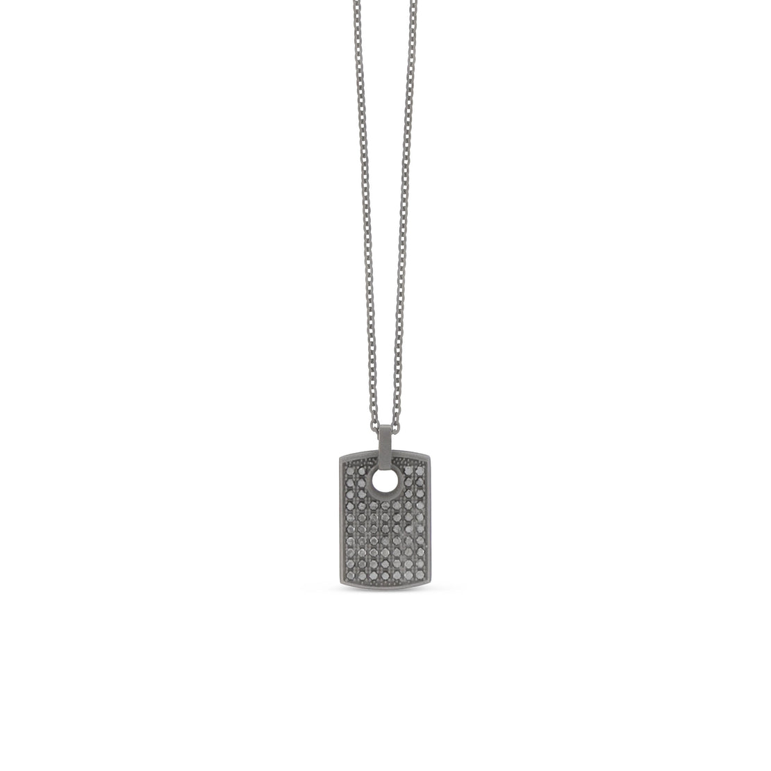COLLIER AVEC PETITE PLAQUE EN TITANE, MOUSQUETON OR ROUGE 9 KT, DIAMANTS NOIRS ET CHAÎNE