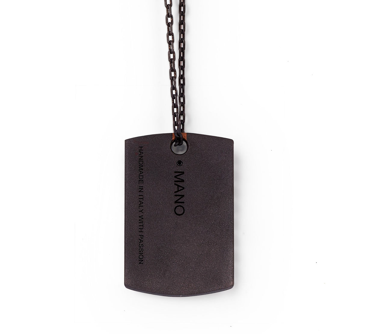 COLLIER HOMME AVEC PLAQUE EN TITANE, OR ROUGE 18 KT, 30 DIAMANTS NOIRS, OR ROUGE 9 KT ET CHAÎNE.