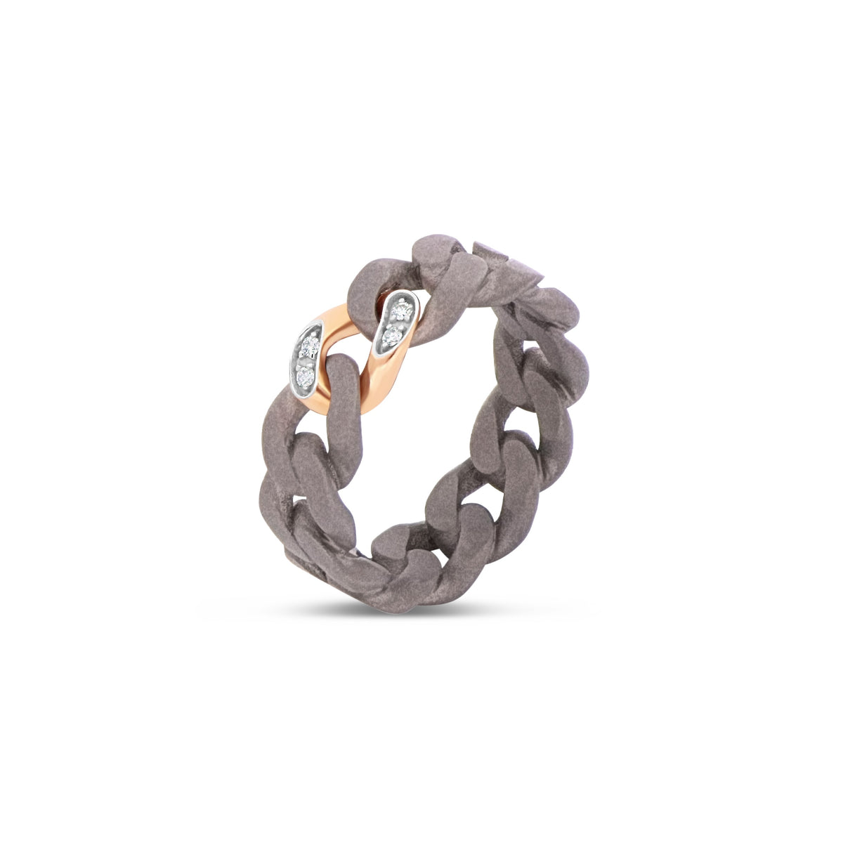 ANELLO UOMO IN TITANIO CON UNA MAGLIA IN ORO ROSSO 18 KT INCASSATA CON DIAMANTI BIANCHI