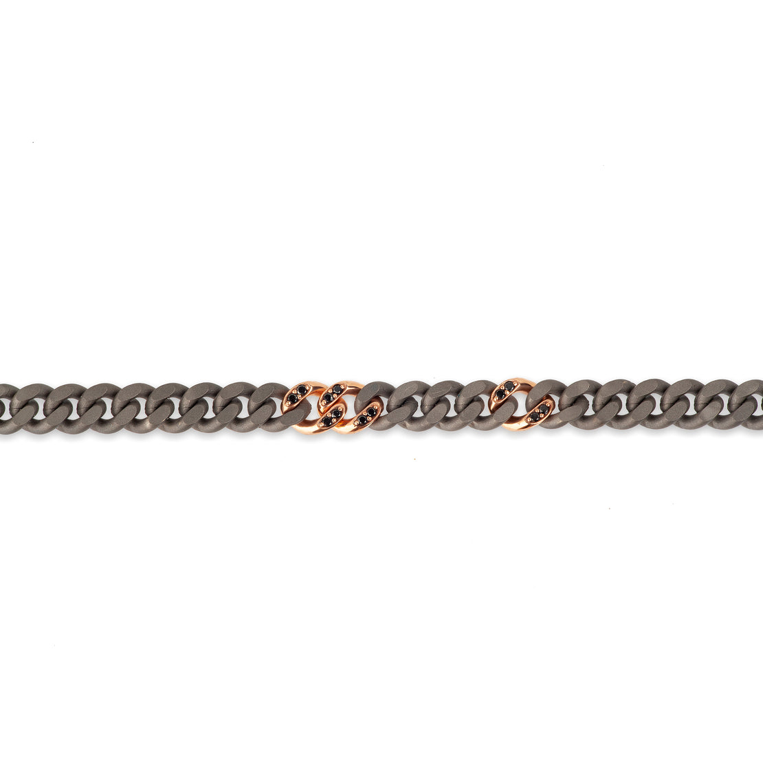 BRACELET HOMME EN TITANE AVEC TROIS MAILLONS EN OR ROUGE 9 KT SERTIES DE DIAMANTS NOIRS