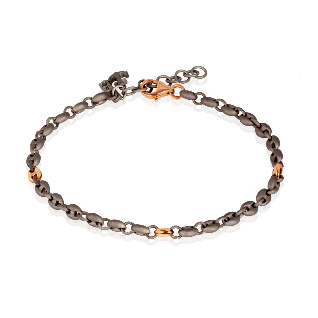 BRACELET HOMME AVEC PETITES MAILLES MARINE EN TITANE ET OR ROUGE 9 KT, ANCRE EN TITANE ET DIAMANT NOIR
