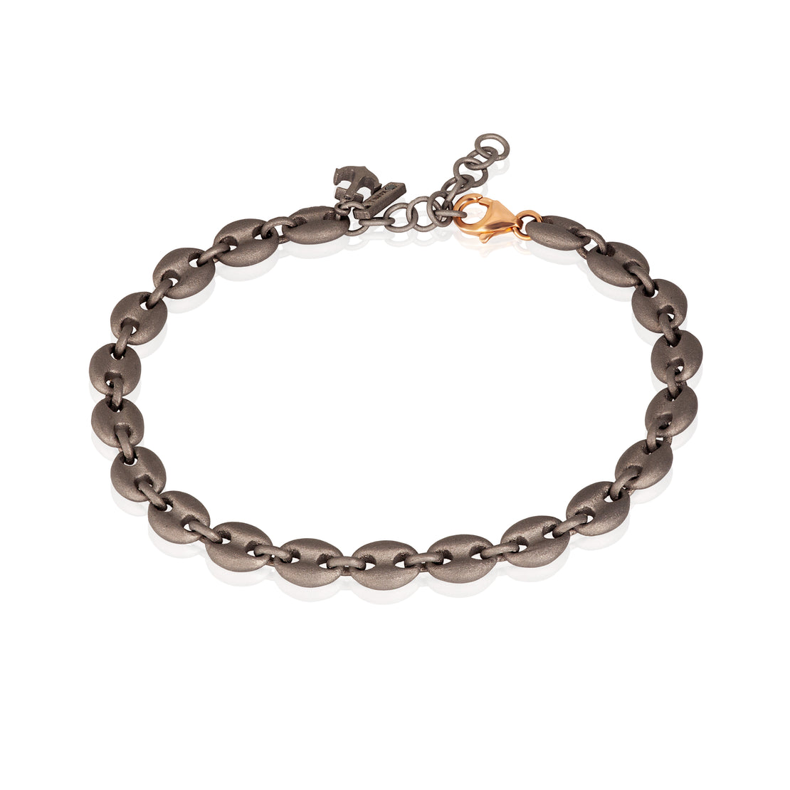BRACELET HOMME AVEC GRANDES MAILLES MARINE EN TITANE ET FERMOIR EN OR ROUGE 9 KT, ANCRE EN TITANE ET DIAMANT NOIR