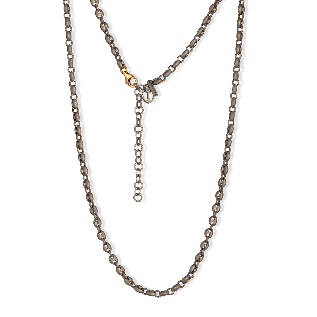 COLLIER HOMME AVEC PETITES MAILLES MARINE EN TITANE ET FERMOIR EN OR ROUGE 9 KT, ANCRE EN TITANE ET DIAMANT NOIR