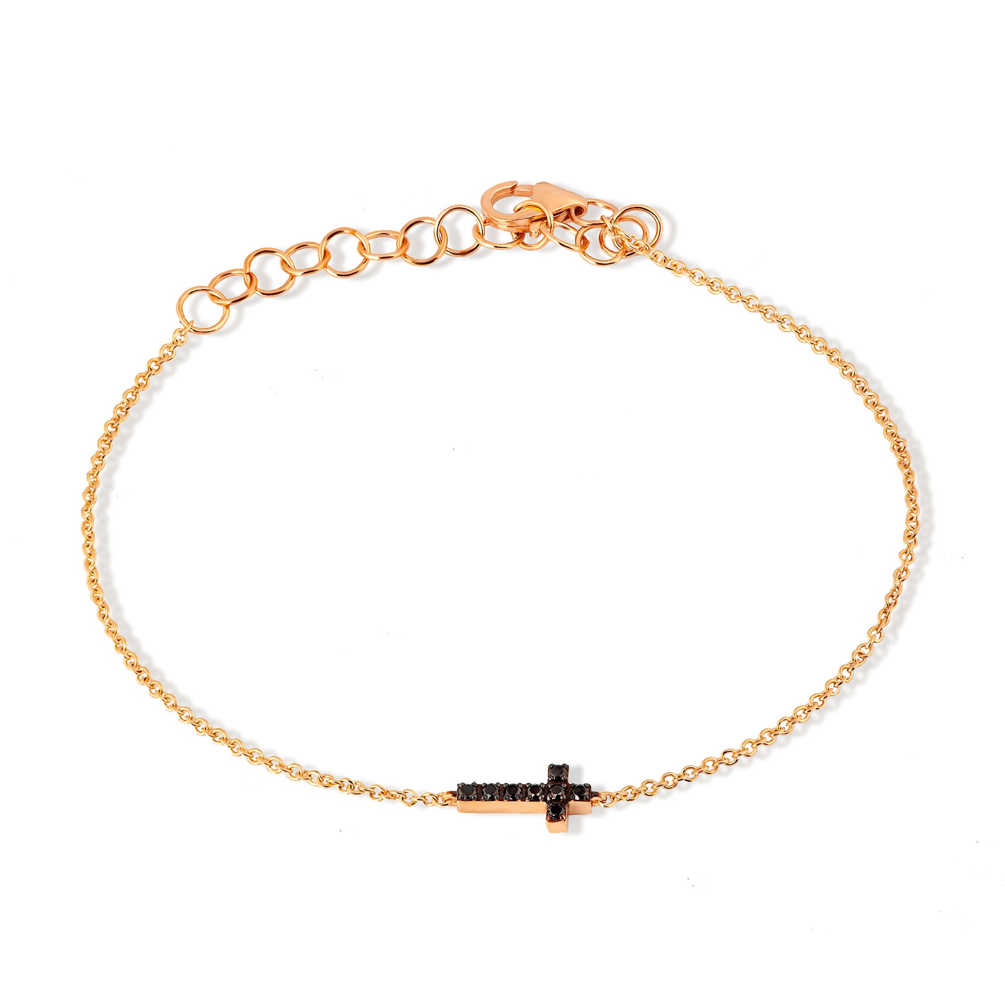 BRACCIALE UOMO CON PICCOLA CROCE ORO ROSSO 9 KT , CATENA ORO ROSSO 9 KT E DIAMANTI BLACK.