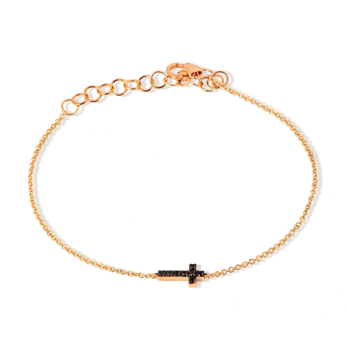 BRACCIALE UOMO CON PICCOLA CROCE ORO ROSSO 9 KT , CATENA ORO ROSSO 9 KT E DIAMANTI BLACK.