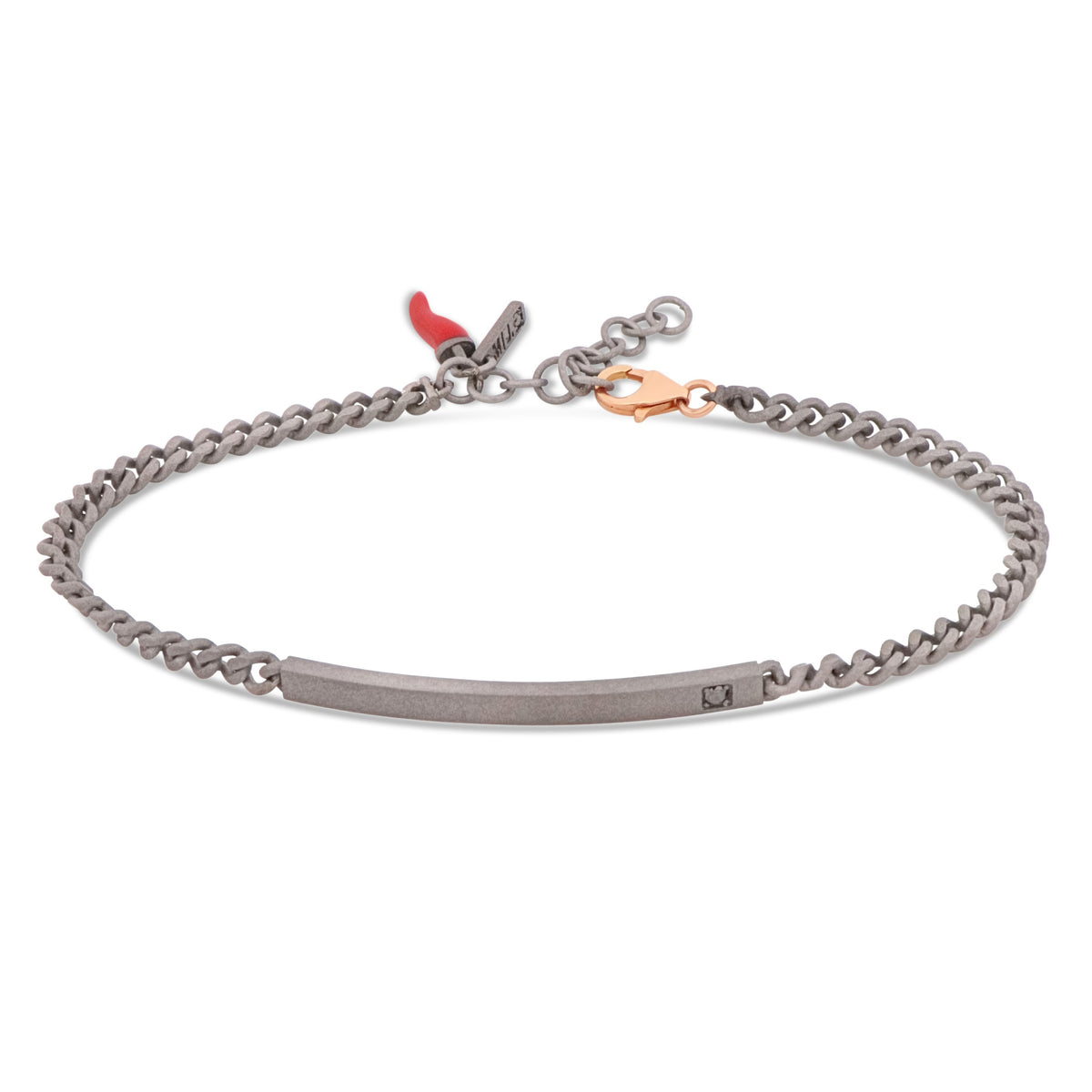 BRACCIALE UOMO IN TITANIO CON BARRETTA, UN DIAMANTE BLACK DA 3 PUNTI E CHIUSURA IN ORO ROSSO 9KT