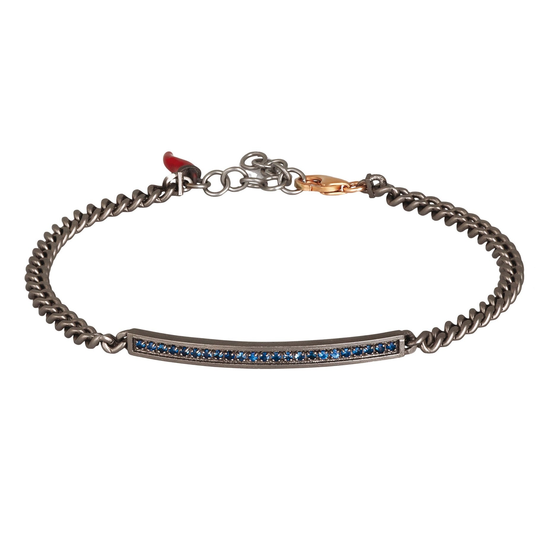 BRACCIALE UOMO IN TITANIO CON BARRETTA, ZAFFIRI BLU CON UNA CATENA GROUMETTE E ORO ROSSO 9KT