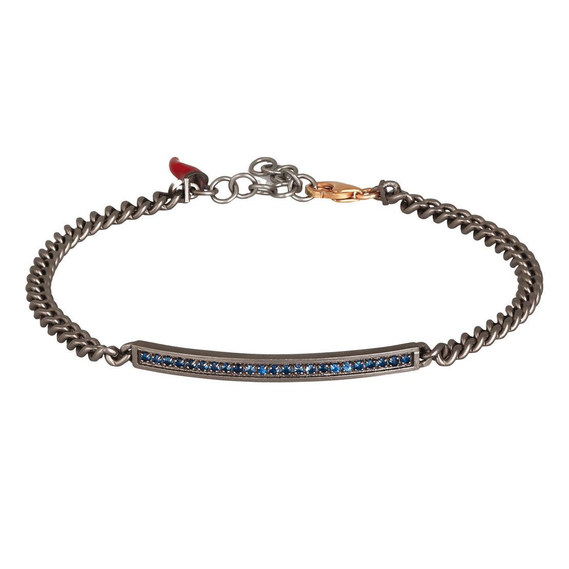 BRACELET HOMME EN TITANE AVEC BARRETTE, SAPHIRS BLEUS AVEC UNE CHAÎNE GROUMETTE ET OR ROUGE 9KT