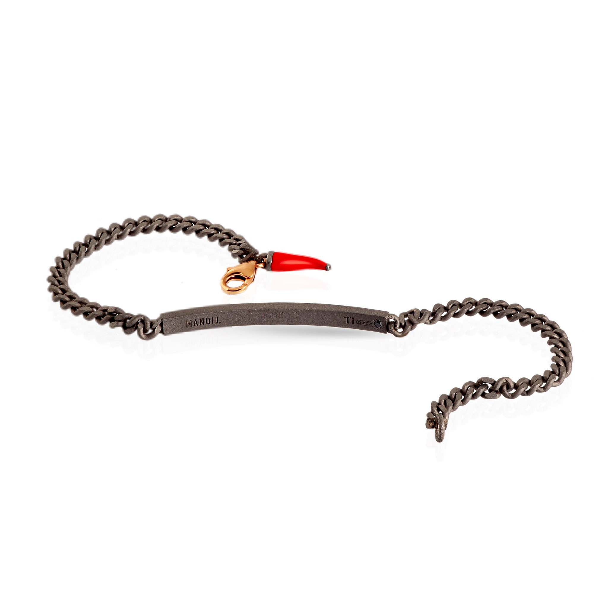 BRACELET HOMME EN TITANE AVEC BARRETTE, DIAMANTS BLANCS AVEC UNE CHAÎNE GOURMETTE ET OR ROUGE 9 KT