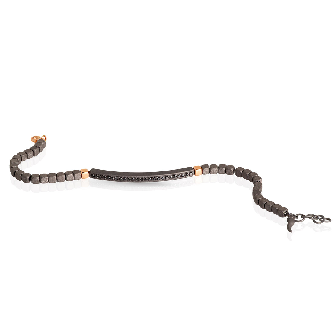 BRACELET HOMME EN TITANE, 2 CUBES ET FERMOIR EN OR ROUGE 9KT ET DIAMANTS NOIRS