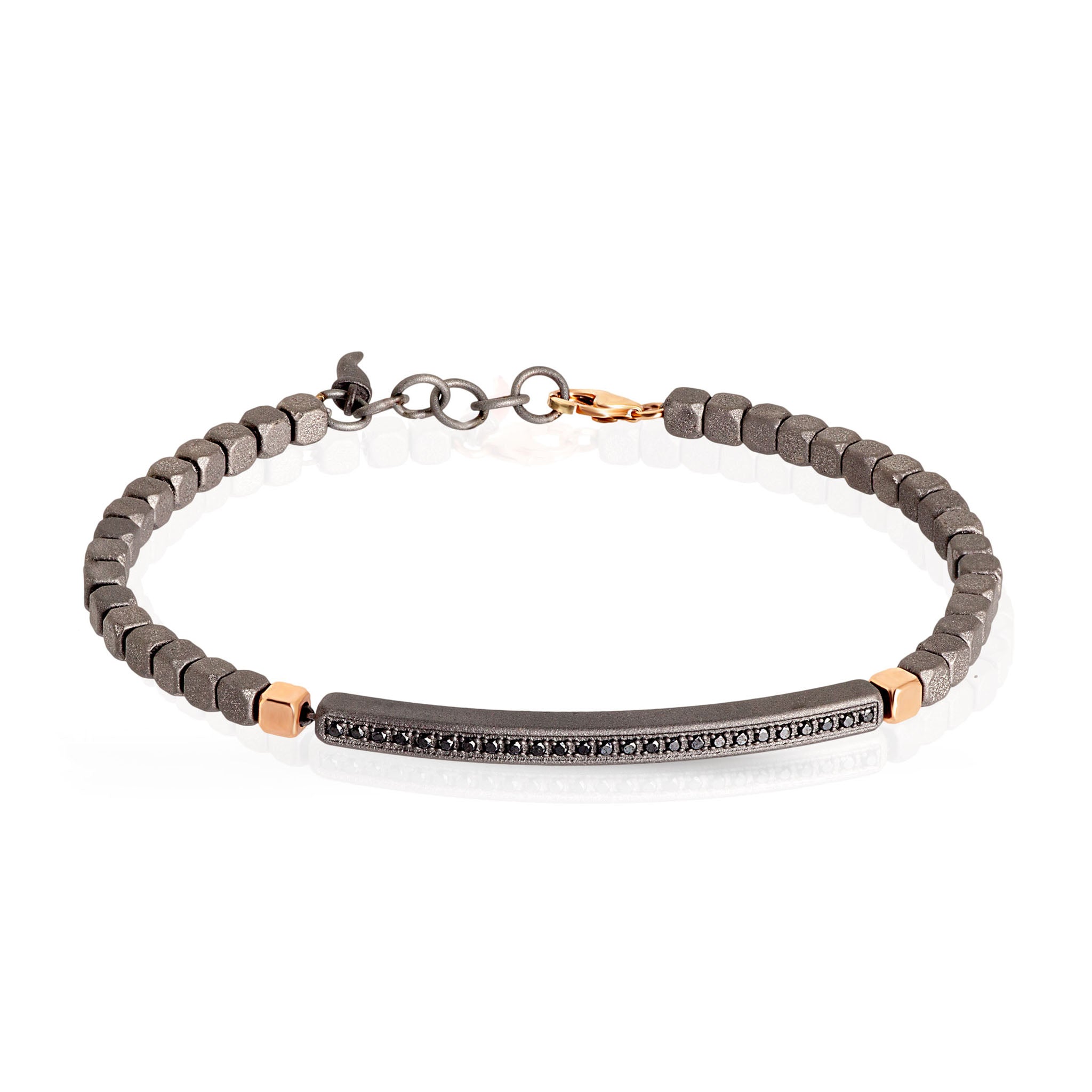 BRACCIALE UOMO IN TITANIO, 2 CUBI E CHIUSURA IN ORO ROSSO 9KT E DIAMANTI BLACK