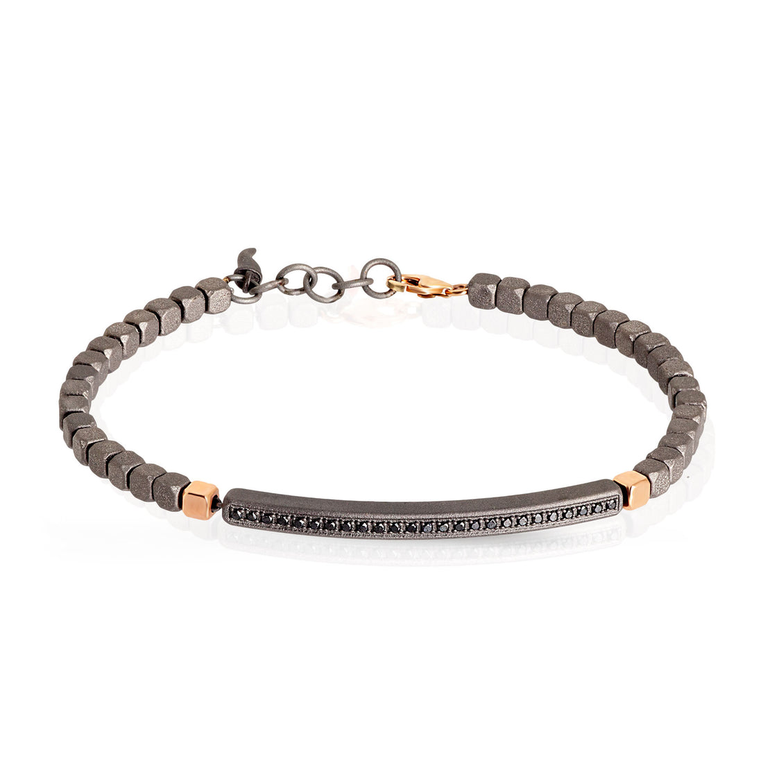 BRACELET HOMME EN TITANE, 2 CUBES ET FERMOIR EN OR ROUGE 9KT ET DIAMANTS NOIRS