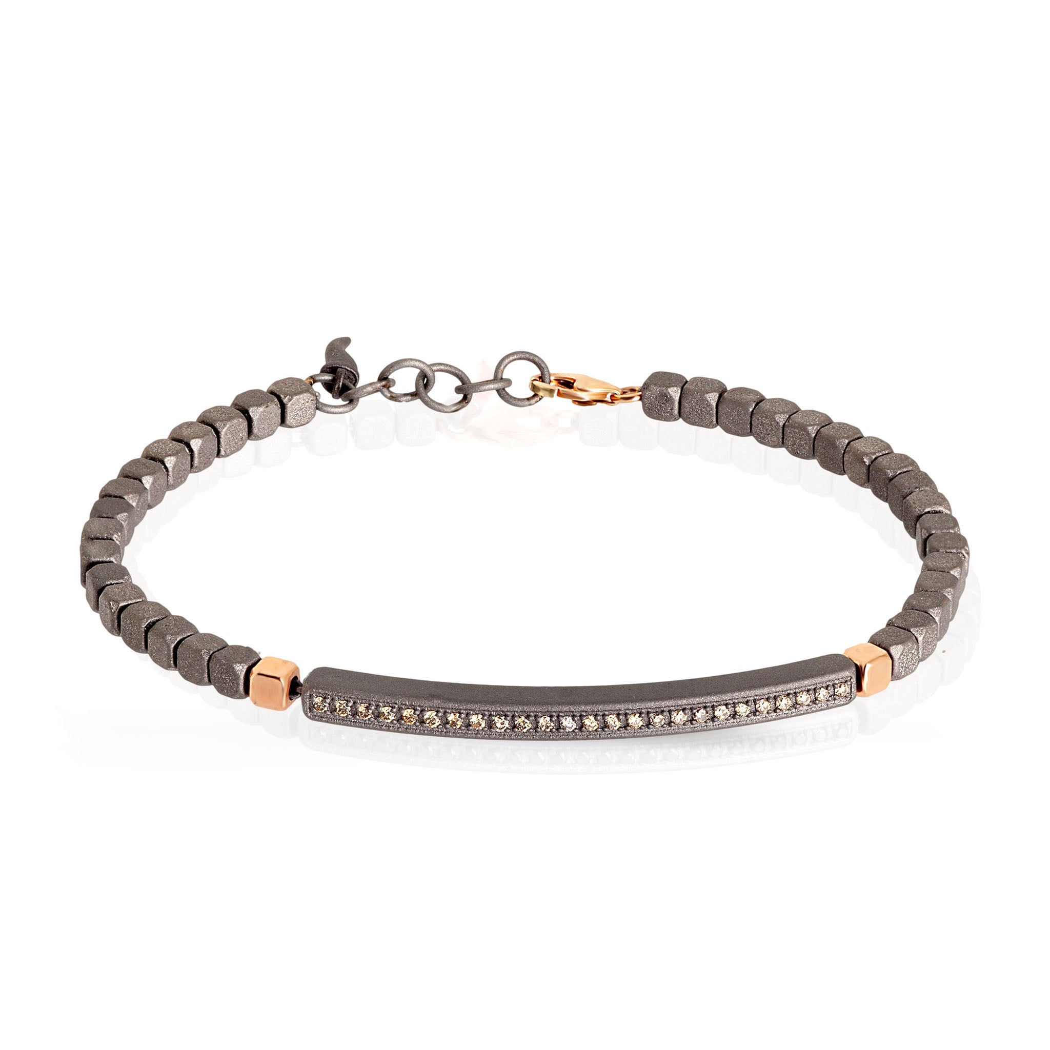 BRACCIALE UOMO IN TITANIO, DUE CUBI E MOSCHETTONE IN ORO ROSSO 9KT E DIAMANTI BROWN