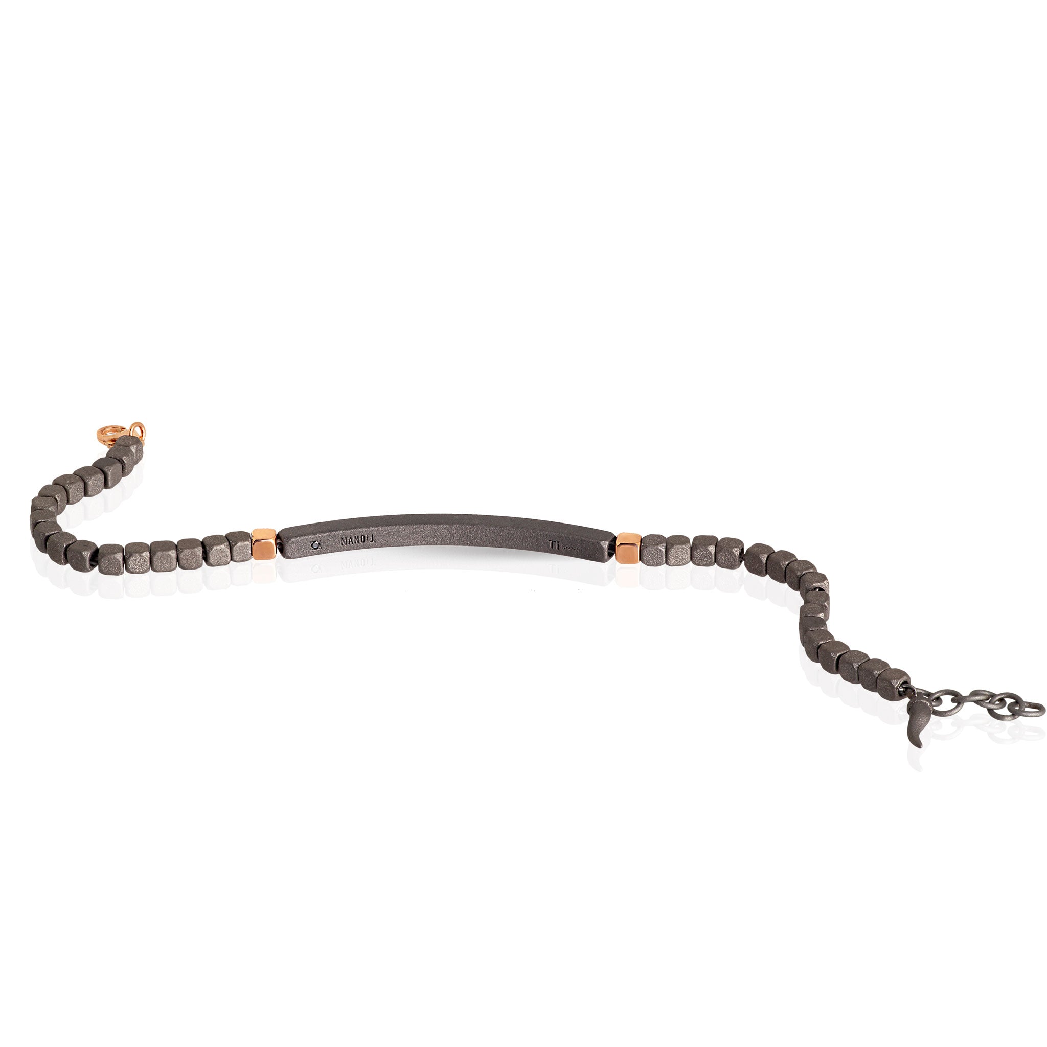 BRACELET HOMME EN TITANE, 2 CUBES ET MOUSQUETON EN OR ROUGE 9KT ET DIAMANTS BLANCS