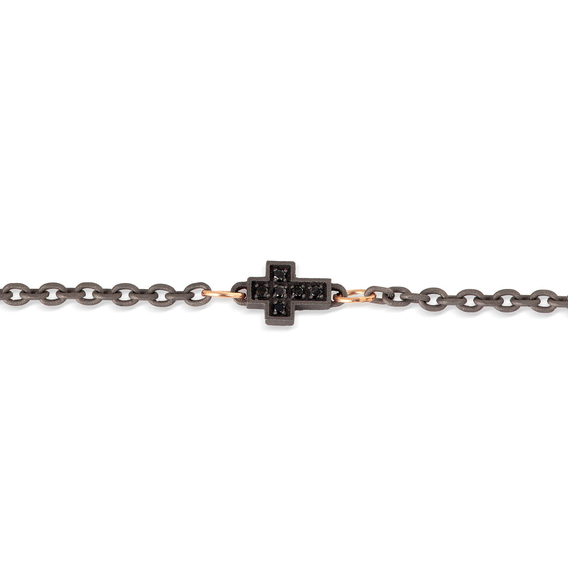 BRACELET HOMME 1 CROIX EN TITANE, DIAMANTS NOIRS, OR ROUGE 9 KT ET CHAÎNE.