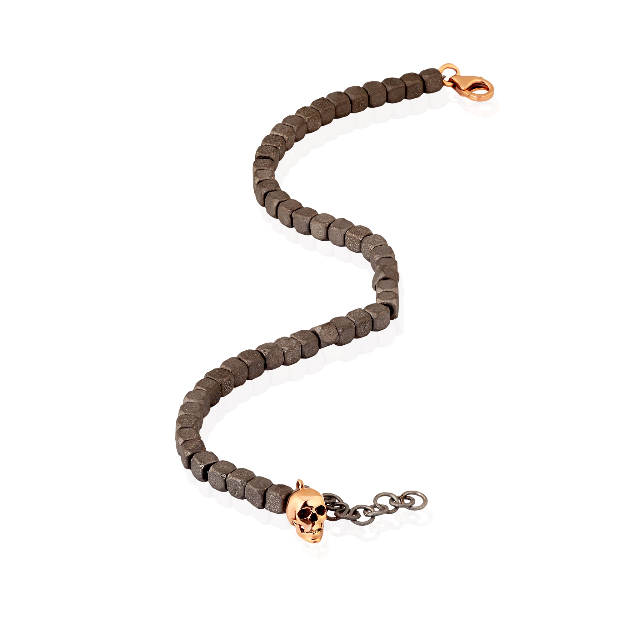 BRACELET HOMME CUBY EN TITANE, TÊTE DE MORT ET MOUSQUETON EN OR ROUGE 9KT
