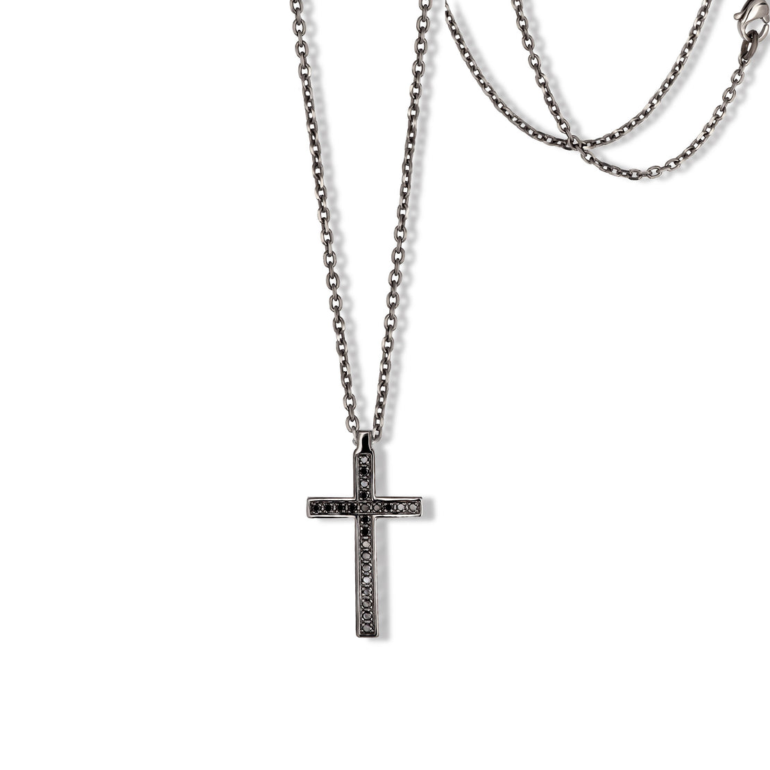 COLLIER MINIMAL AVEC GRANDE CROIX EN OR BLANC 9 KT BRUNI, 23 DIAMANTS NOIRS ET CHAÎNE EN TITANE
