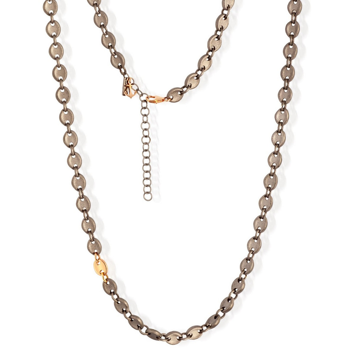 COLLANA UOMO CON MAGLIE MARINE IN TITANIO, UNA MAGLIA ED ANCORA IN ORO ROSSO 9KT
