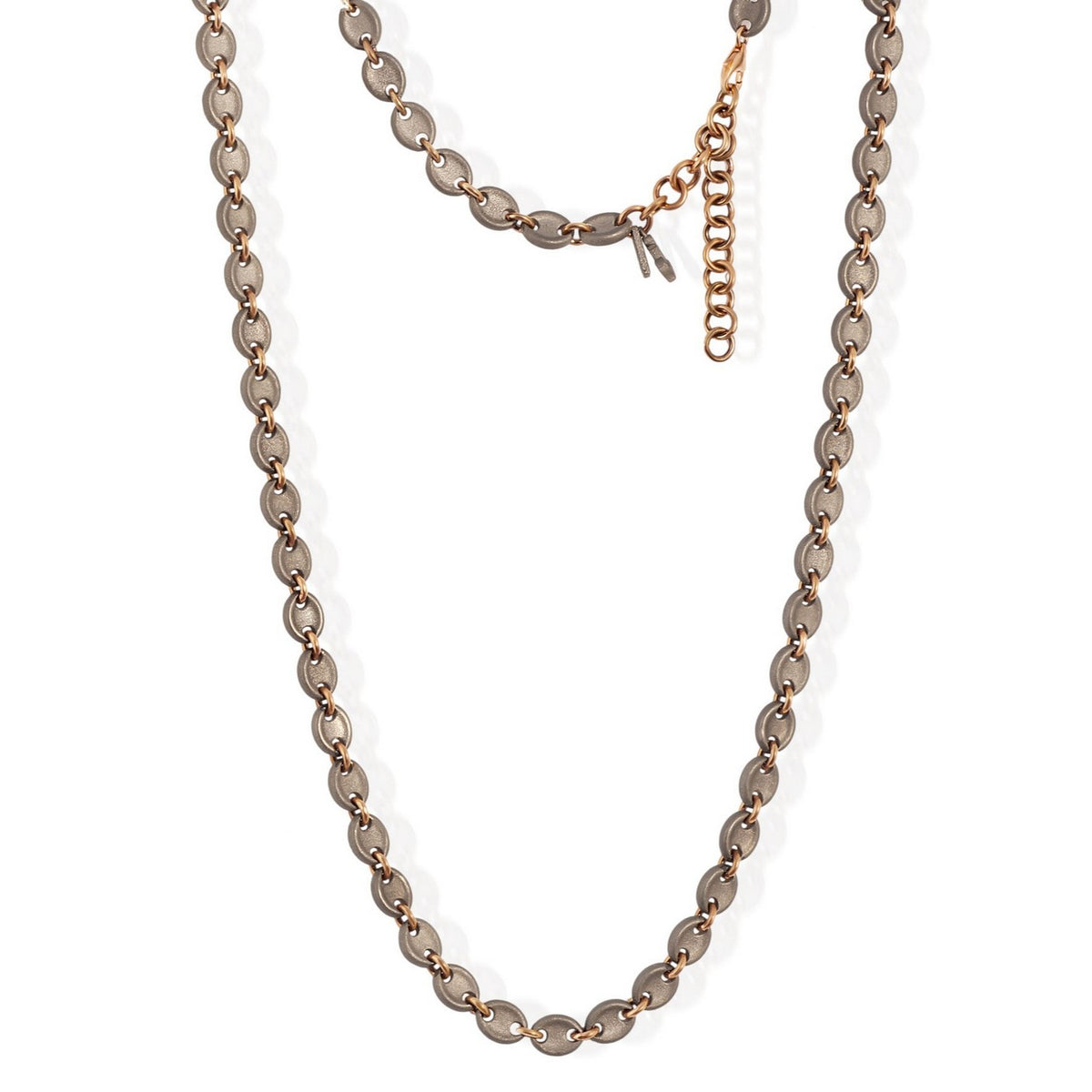 COLLANA UOMO CON MAGLIE MARINE IN TITANIO, ANELLINI E CHIUSURA IN ORO ROSSO 9KT