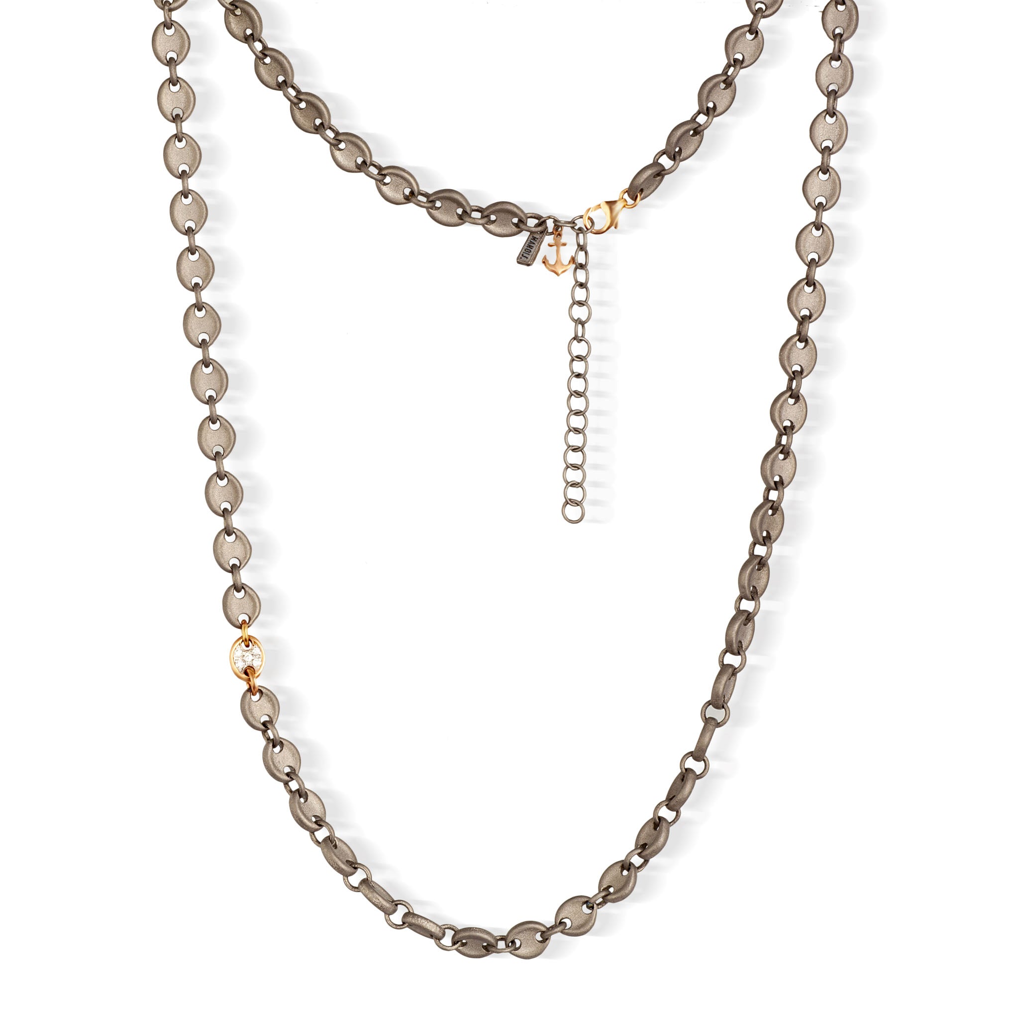 Necklace UOMO with MAGLIE MARINE IN Titanium, a MAGLIA ED ANCORA IN Rose gold 9KT with Diamonds WHITE