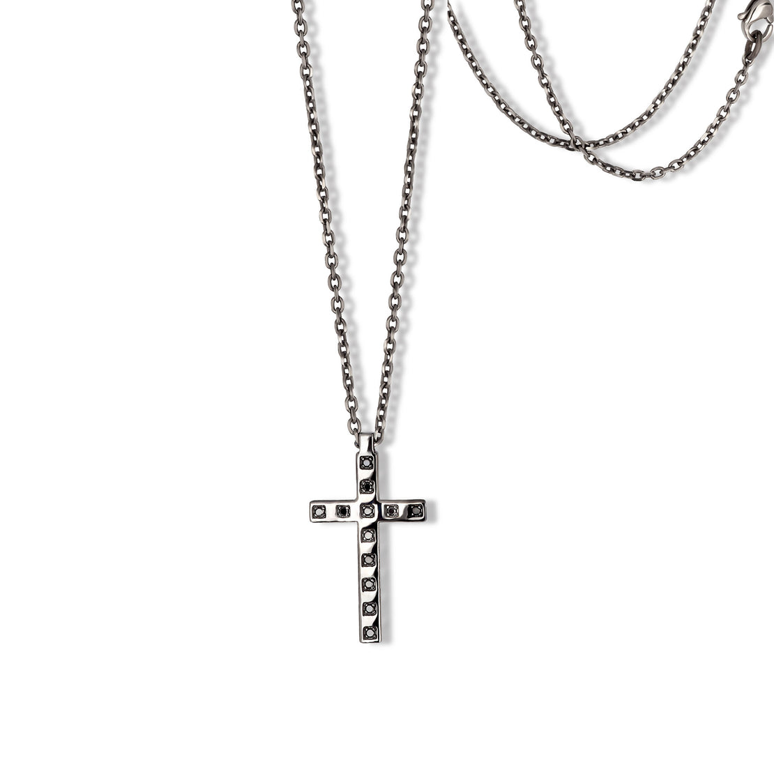 COLLIER HOMME LIGNE GOLD MINIMAL EN OR BLANC 9 KT, DIAMANTS NOIRS ET CHAÎNE EN TITANE.