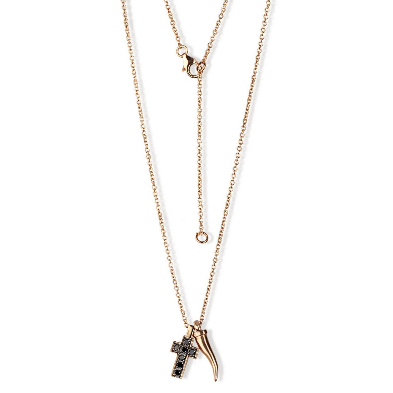 COLLANA DA UOMO IN ORO ROSSO 9 KT, CORNETTO E CROCE INCASSATA CON DIAMANTI BLACK