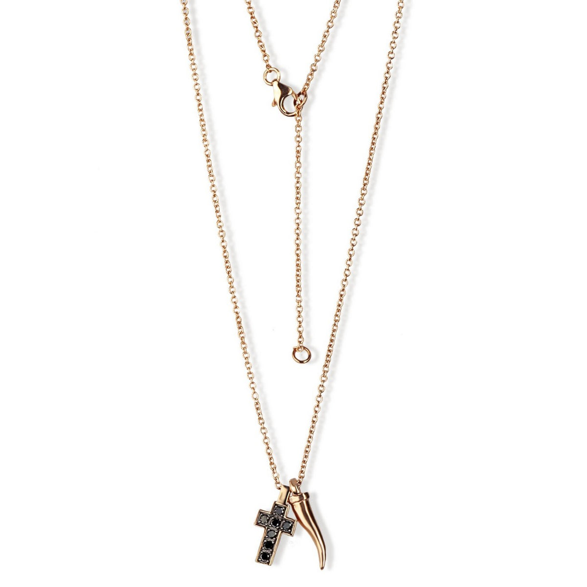 COLLANA DA UOMO IN ORO ROSSO 9 KT, CORNETTO E CROCE INCASSATA CON DIAMANTI BLACK
