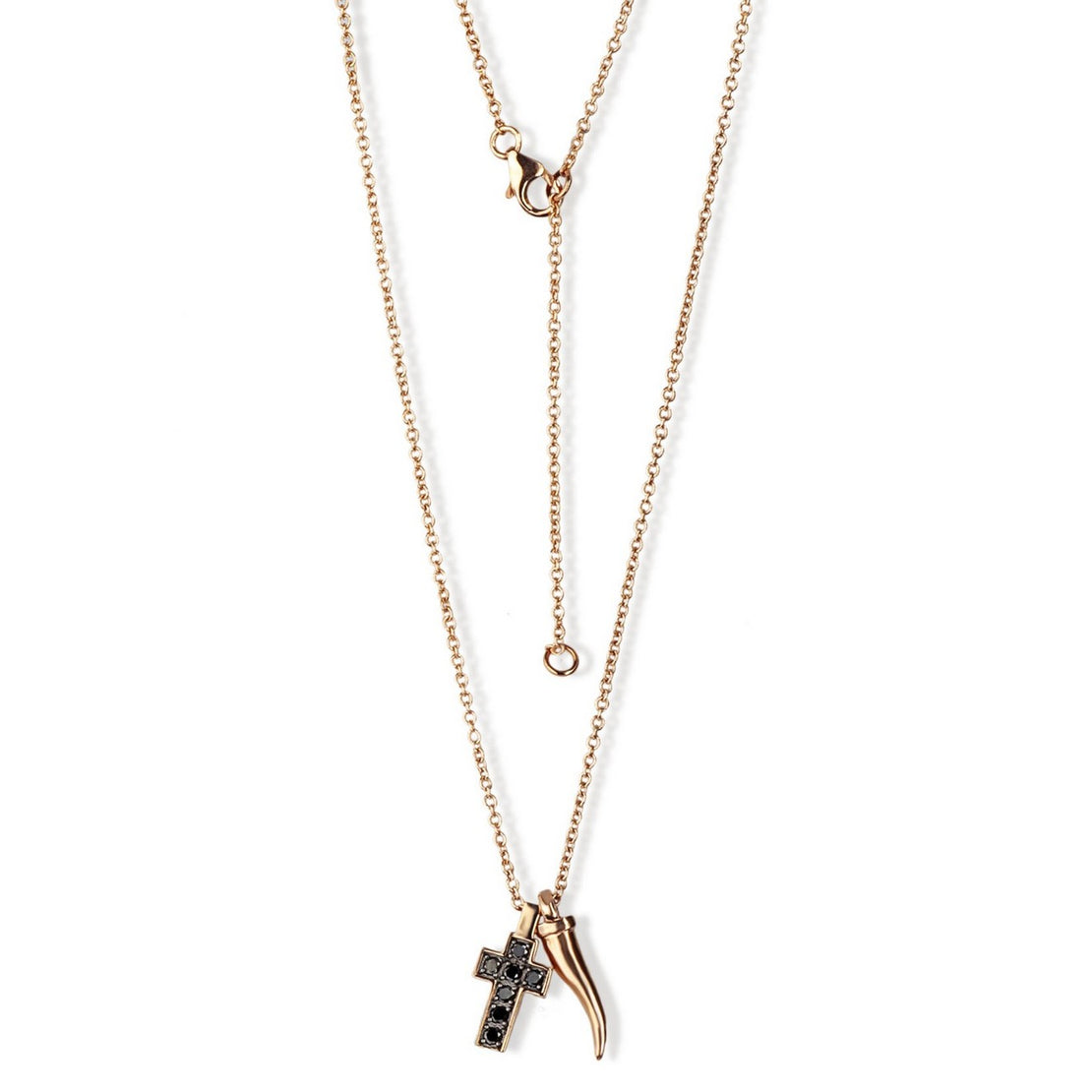 COLLANA DA UOMO IN ORO ROSSO 9 KT, CORNETTO E CROCE INCASSATA CON DIAMANTI BLACK