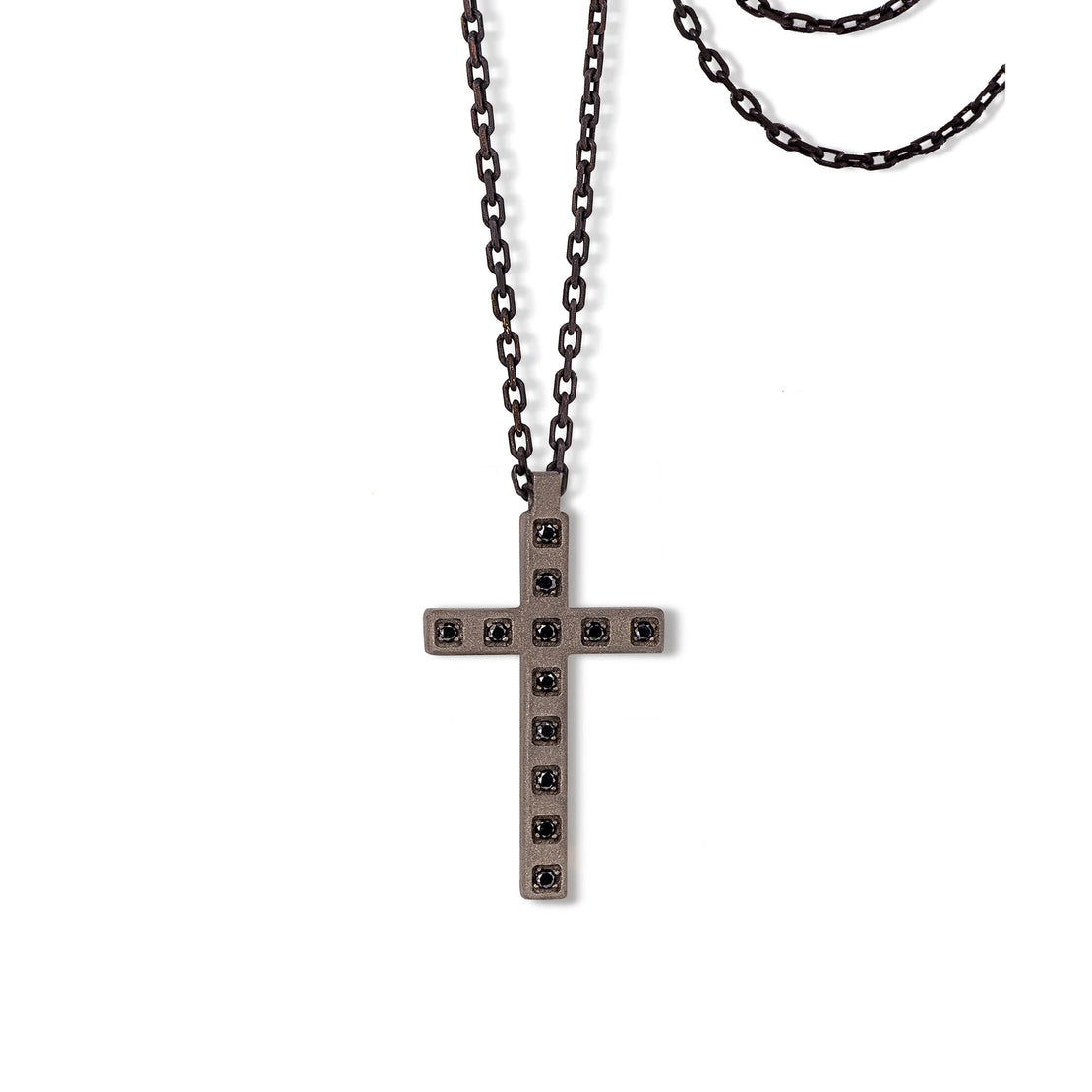 CROIX TITANE, 12 DIAMANTS NOIRS ET OR ROUGE 9 KT ET CHAÎNE.