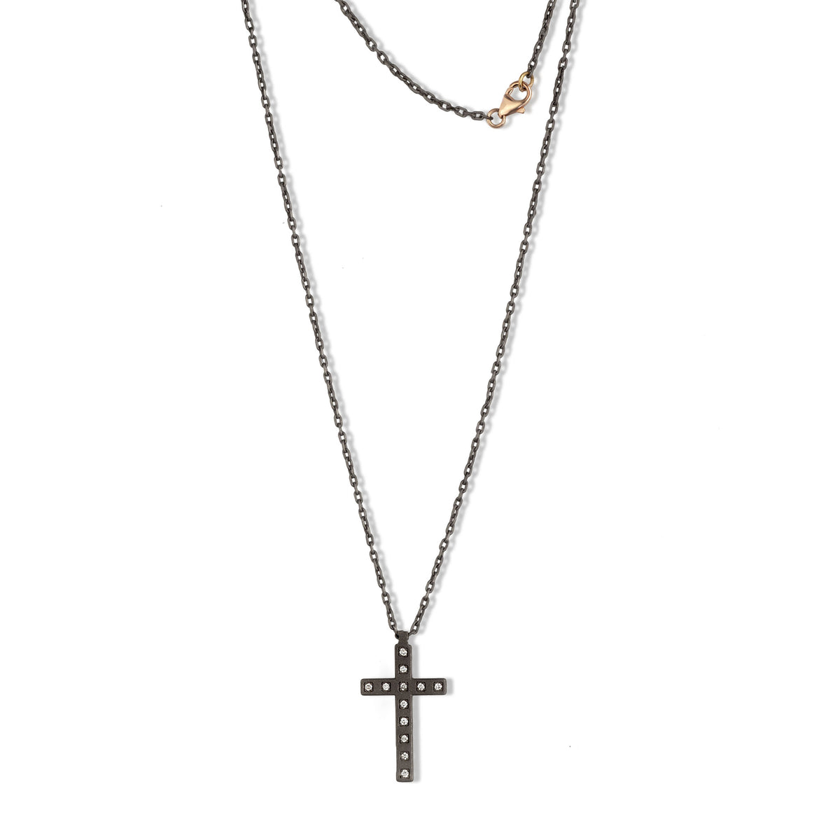 CROCE TITANIO, 12 DIAMANTI WHITE E ORO ROSSO 9 KT E CATENA.