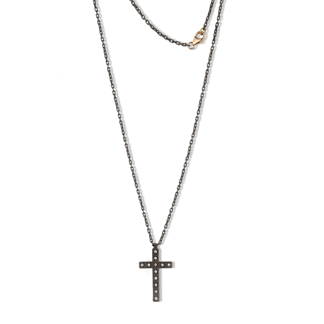 CROCE TITANIO, 12 DIAMANTI WHITE E ORO ROSSO 9 KT E CATENA.