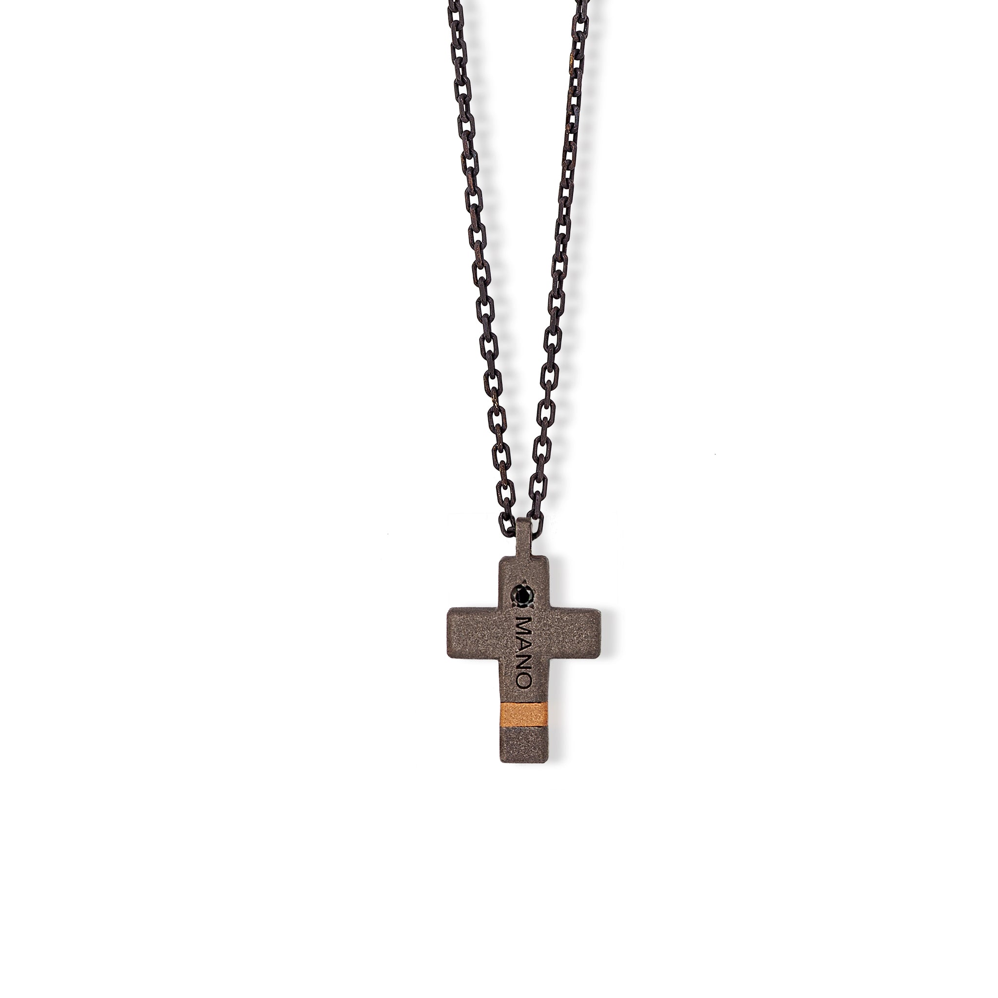 Necklace with CROCE PICCOLA IN Titanium, Rose gold 18 KT, Rose gold 9 KT, Diamonds BLACK and CATENA.