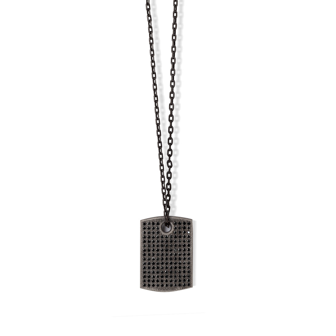 COLLIER AVEC PLAQUE  EN TITANE, DIAMANTS NOIRS ET OR ROUGE 9 KT.