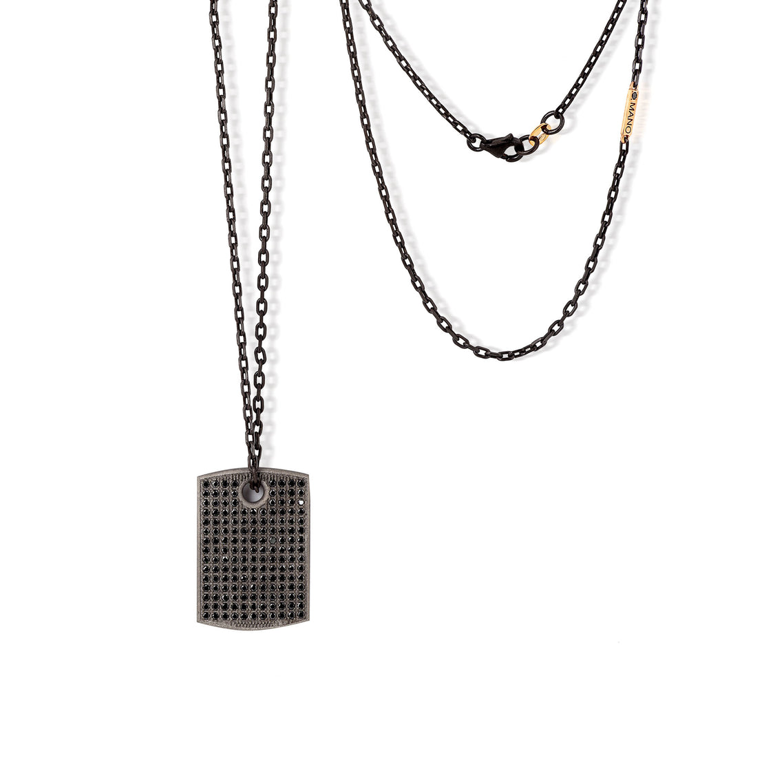 COLLIER AVEC PLAQUE  EN TITANE, DIAMANTS NOIRS ET OR ROUGE 9 KT.