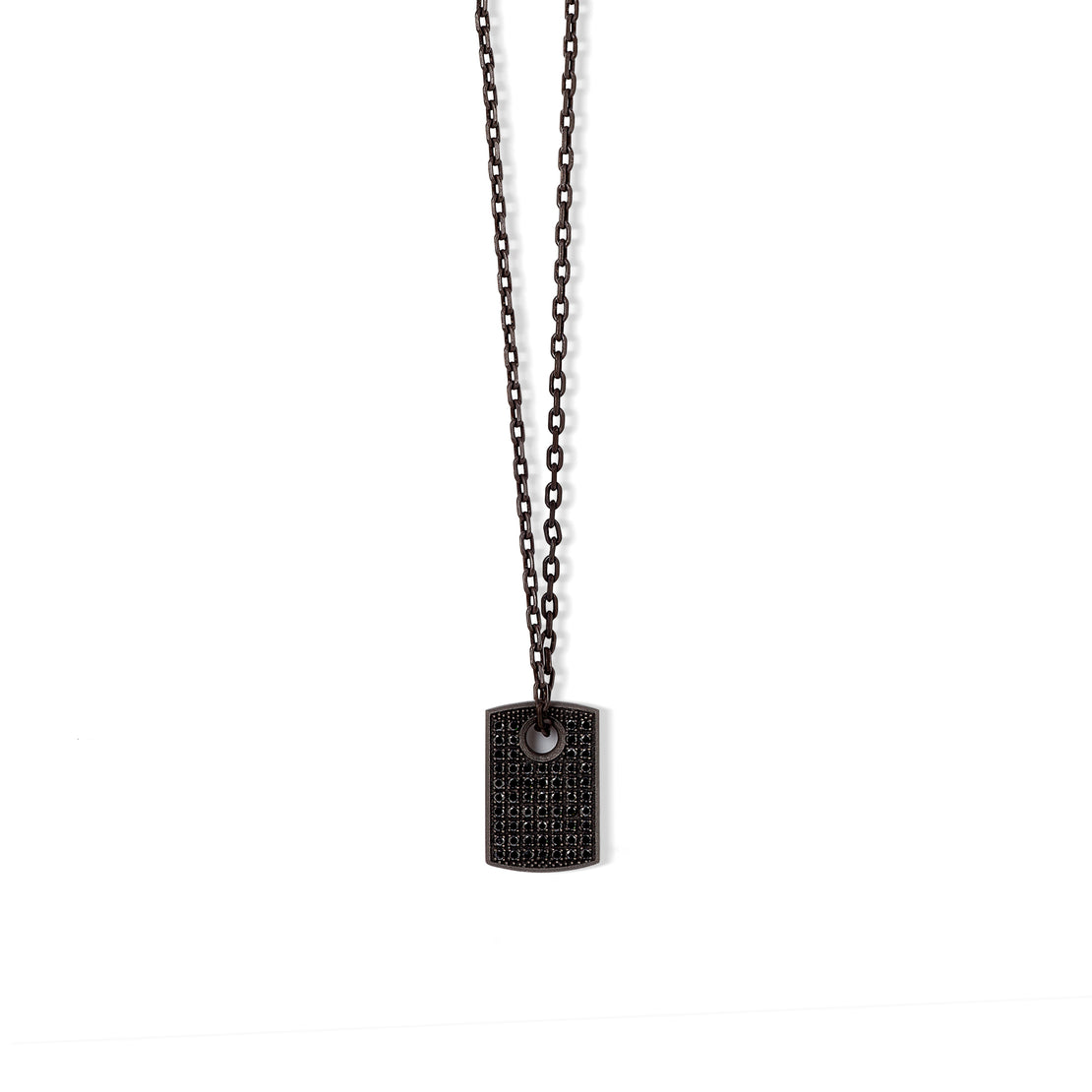 COLLIER AVEC PETITE PLAQUE EN TITANE, DIAMANTS NOIRS, OR ROUGE 18 KT, OR ROUGE 9 KT ET CHAÎNE