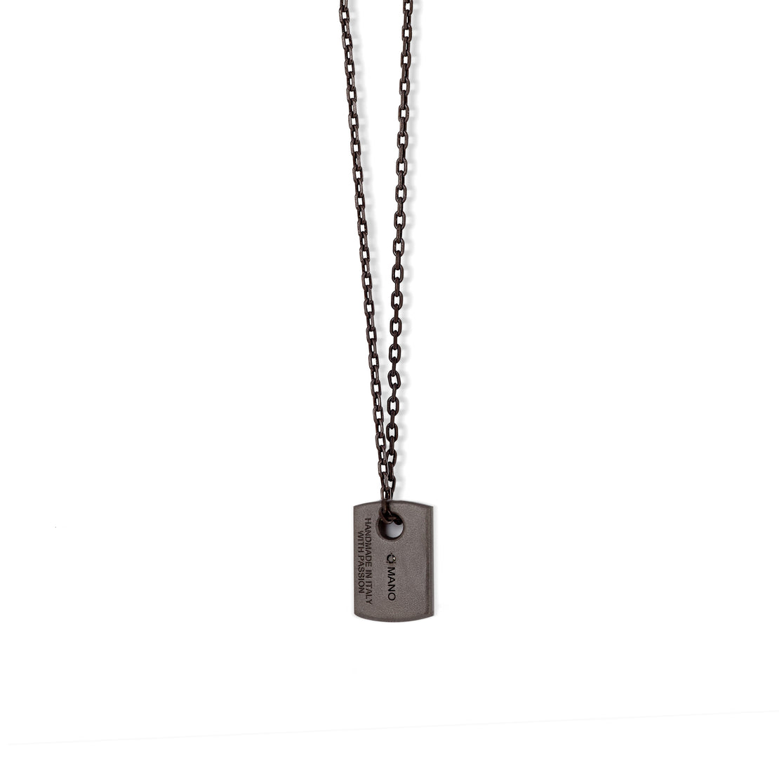 COLLIER AVEC PETITE PLAQUE EN TITANE, DIAMANTS NOIRS, OR ROUGE 18 KT, OR ROUGE 9 KT ET CHAÎNE